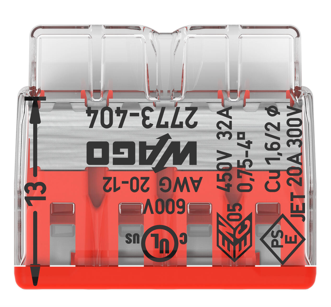 80-PK, 2773-404, WAGO PUSH WIRE splicing connector 4-conductor, AWG 20-12