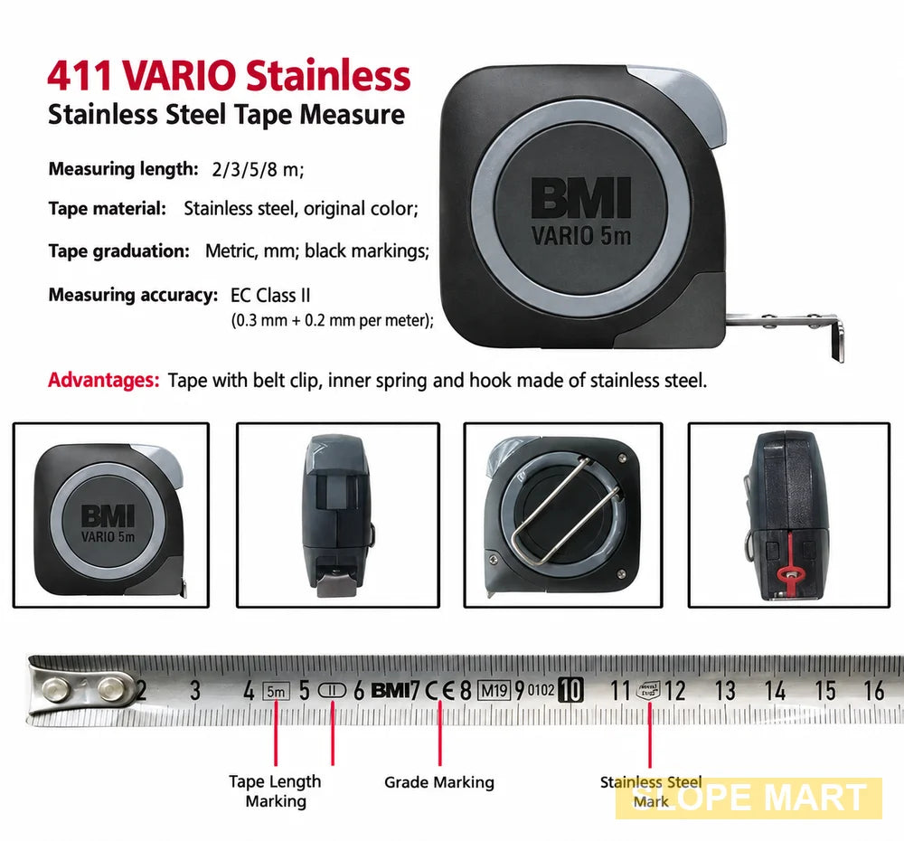 BMI Pocket Stainless Steel Tape Measure 411 VARIO, Width 16 mm Length 5 m