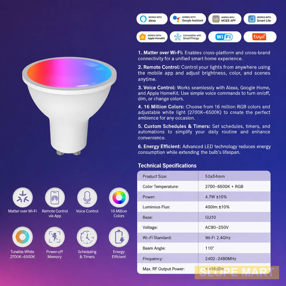 GU10, 4.7W, 16-million RGB Matter over Wi-Fi Smart Led Bulb Light